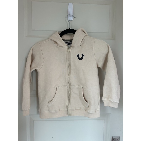 True Religion Cream Zip Hoodie with Black Logo Size Large (7) Kids - Picture 2 of 11